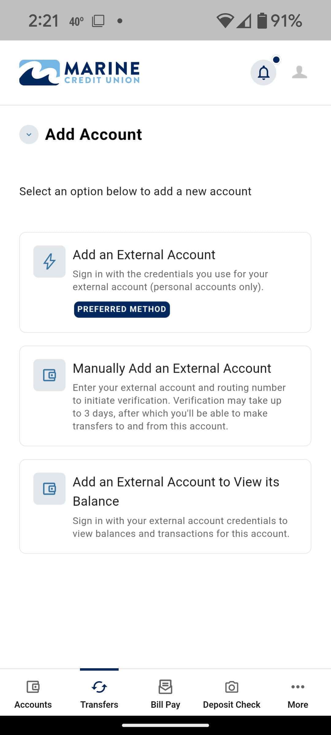 Add account mobile transfer